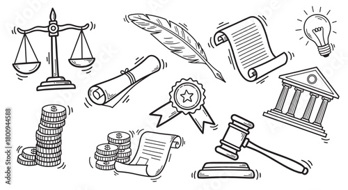 A collection of hand-drawn doodle icons representing law, justice, finance, and education concepts like a gavel, scales, courthouse, and coins on a beige background