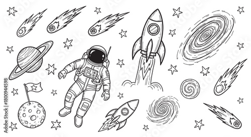 A collection of hand-drawn space exploration icons including an astronaut, rocket ship, planets, and galaxies in a vintage black and white doodle style