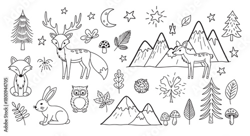 A whimsical collection of hand-drawn woodland animals and nature elements, including a fox, deer, owl, and rabbit, with mountains, trees, and stars in a cute doodle line art style