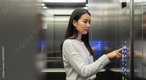 Asian girl pressing elevator button in modern elevator cabin  