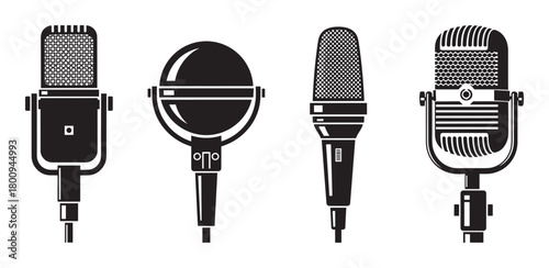 Collection of various microphone silhouettes, featuring retro studio and modern handheld designs, presented as a graphic icon set for music, podcast, or radio concepts