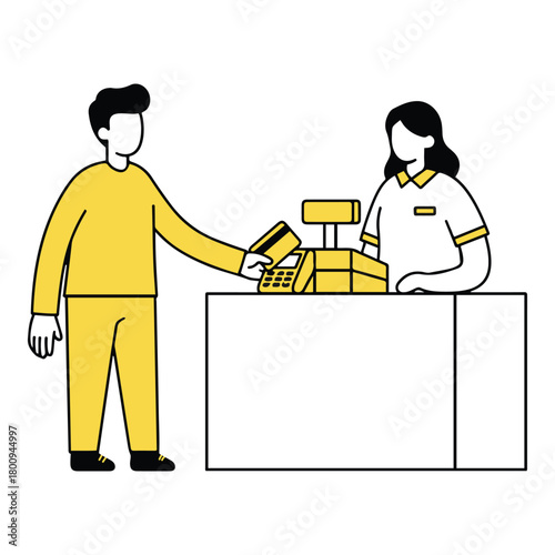 Minimalist vector illustration of a male customer at a point of sale, paying with a bank card to a female shop assistant at the counter