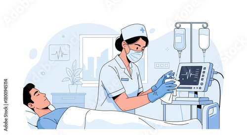 Hospital Care Illustration: Nurse Attends to Patient While Monitoring Vital Signs Carefully