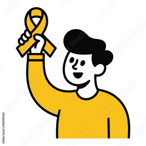 Joyful individual championing a cause with an uplifted yellow awareness ribbon, symbolizing hope and community support and shared dedication