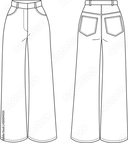 Wide leg pants fashion sketch, technical garment drawing, front and back view, high waist trousers, clothing design template, apparel illustration