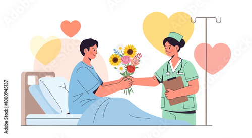 Hospital Care: Nurse Gives Flowers To Patient With Beautiful Floral Arrangement