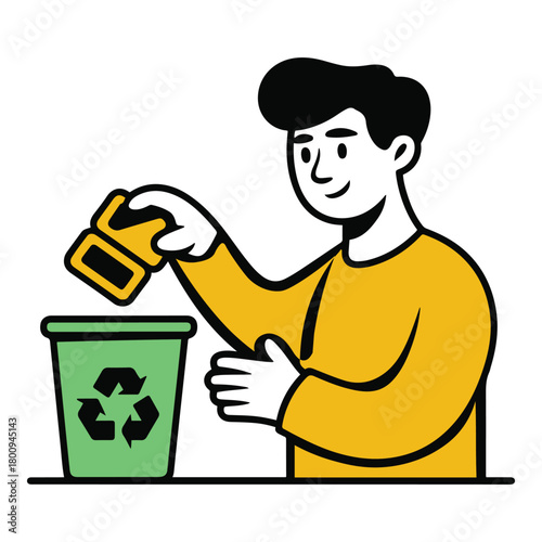Illustration of a man depositing a yellow object into a green recycling bin with a prominent recycling symbol