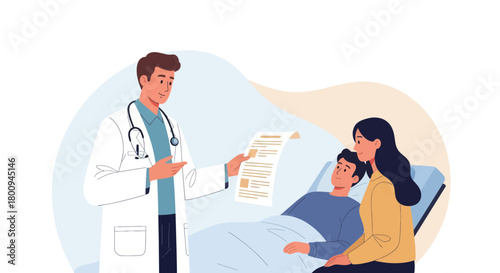 Medical Professional Explains Charts To Patient, Surrounded By Caring Family Members