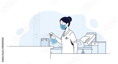 Hospital Hygiene Practice: Healthcare Worker Disinfecting Patient Room for Safety and Cleanliness
