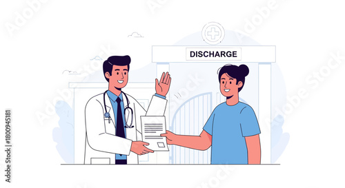 Hospital Discharge: Doctor Handing Medical Papers To Patient With Relief And Happiness