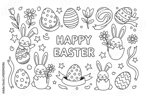Festive black and white line art illustration for a children's coloring book with cute bunnies, decorated eggs, spring flowers, and a Happy Easter greeting in a doodle style
