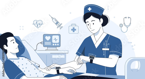 Hospital Nurse Checks Patient's Health Monitor Using Wearable Devices For Diagnosis