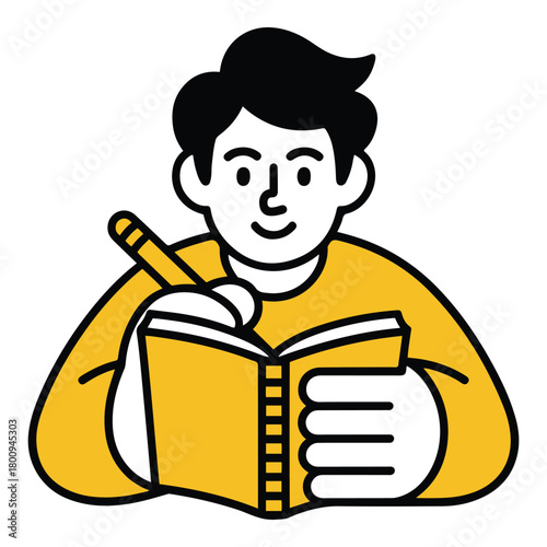 Cheerful young man actively engages in creative writing or diligent study, meticulously jotting down notes in his bright yellow notebook with a pen, embodying productivity and focus