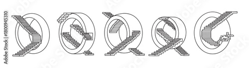Set of five abstract circular shapes with integrated staircases illustrating a conceptual process of progression, transformation, and deconstruction in a minimalist line art style