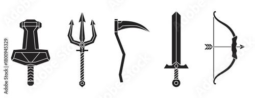 A collection of black silhouette icons of mythological weapons, including a hammer, trident, scythe, sword, and bow with arrow, isolated on a white background