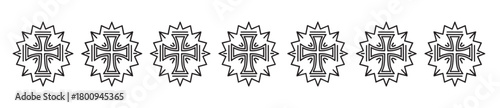 A repeating pattern of a stylized gothic cross symbol in a minimalist black line art style, creating a symmetrical decorative border or frieze isolated on a clean white background