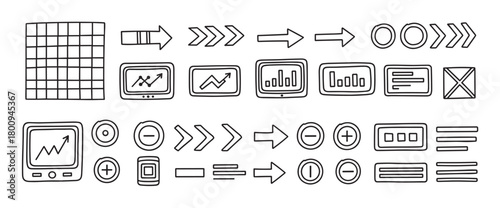Hand-drawn infographic and user interface element collection with charts, graphs, arrows, and buttons in a simple black line art style on a clean white background