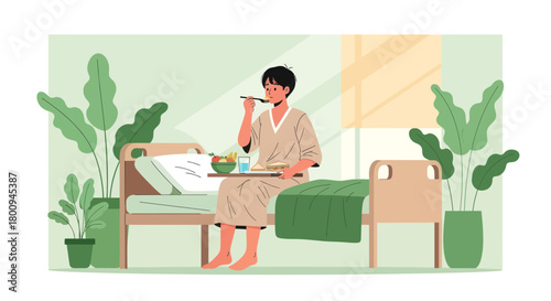 Hospitalized Patient Enjoying Meal In Bed Amidst Serene Environment of Greenery