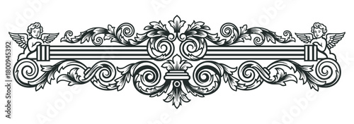 An elegant black and white vintage decorative divider with symmetrical baroque scrollwork, acanthus leaves, and two cherubs, a classical ornamental element isolated on a white background