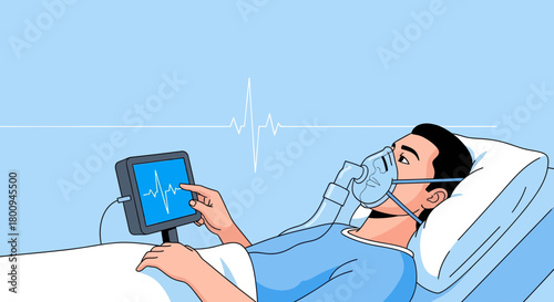 Illustration Of A Patient With Oxygen Mask Monitoring Heart Rate In Hospital