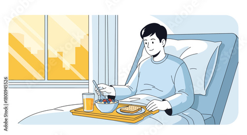 Hospitalized Patient Enjoying Breakfast, Resting and Recovering in a Comfortable Ward