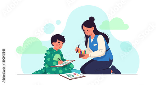 Inspiring Art Teaching Moment Between a Teacher and Child Enjoying Creating