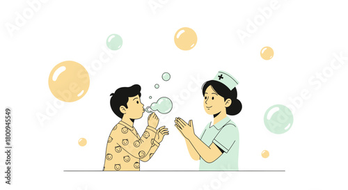Joyful Boy Blowing Bubbles Happily Observed By An Appreciative Nurse In A Clinic Setting