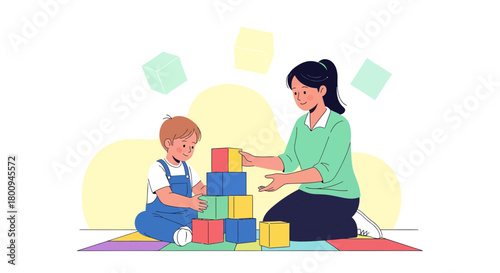 Joyful Moments: A Mother And Child Building Together With Colorful Wooden Blocks