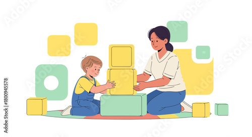 Joyful Moments: A Mother And Child Building Together With Colorful Blocks