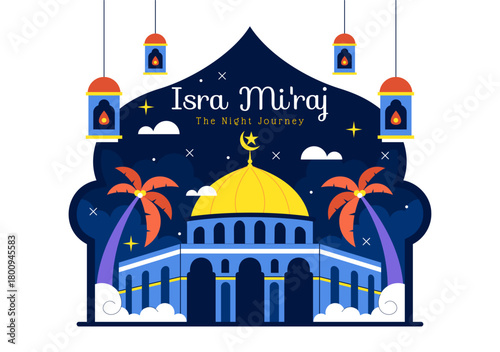 Isra Mi'raj Vector Illustration, featuring The Night Journey Of Prophet Muhammad With Mosque And Lantern In An Islamic Holiday Flat Background