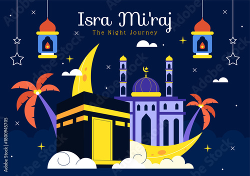 Isra Mi'raj Vector Illustration, featuring The Night Journey Of Prophet Muhammad With Mosque And Lantern In An Islamic Holiday Flat Background