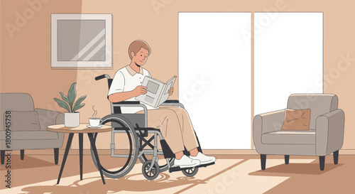Man In Wheelchair Reading Newspaper In Modern Cozy Living Room Illustration