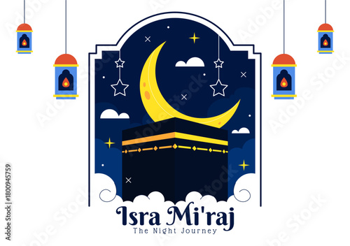 Isra Mi'raj Vector Illustration, featuring The Night Journey Of Prophet Muhammad With Mosque And Lantern In An Islamic Holiday Flat Background