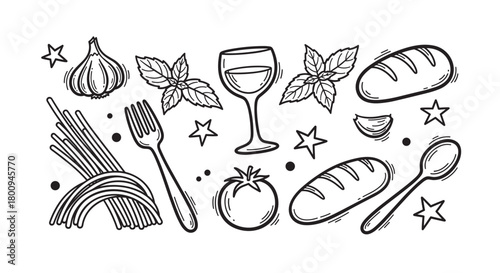 A collection of black line art illustrations featuring traditional meal ingredients such as spaghetti, bread, tomato, garlic, basil, and a glass of wine on a light background