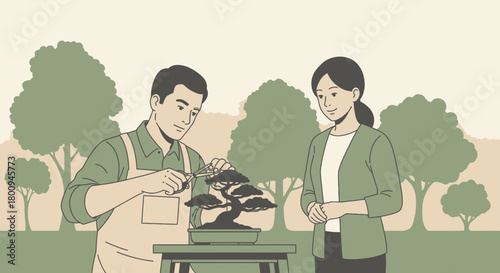 Man Training Bonsai Tree In Park While Woman Observes Beautiful Artistic Scene
