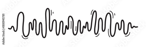 A hand-drawn black sound wave or audio signal icon, representing voice, music, or frequency, isolated on a white background in a minimalist doodle style for design