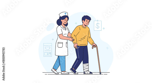 Medical Assistance: Nurse Helping Patient Recover With Walking Stick and Bandaged Leg