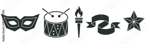 Collection of black celebration symbols including a masquerade mask, drum, flaming torch, banner ribbon, and star, presented as a flat graphic icon set on a white background