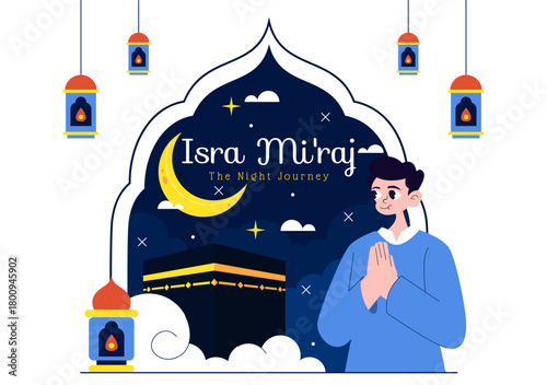Isra Mi'raj Vector Illustration, featuring The Night Journey Of Prophet Muhammad With Mosque And Lantern In An Islamic Holiday Flat Background