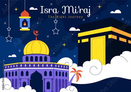 Isra Mi'raj Vector Illustration, featuring The Night Journey Of Prophet Muhammad With Mosque And Lantern In An Islamic Holiday Flat Background