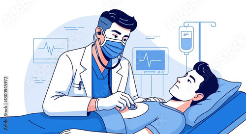 Medical Examination Illustration of a Doctor Checking Patient's Heartbeat with Stethoscope