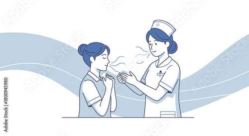 Medical Illustration Showing Nurse Guiding Patient's Breathing Technique Practicing Proper Breathing