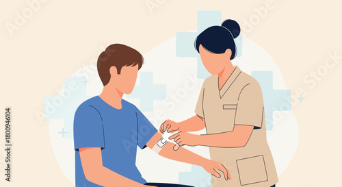 Medical Professional Applying Adhesive Bandage to Patient's Arm After Injury or Treatment