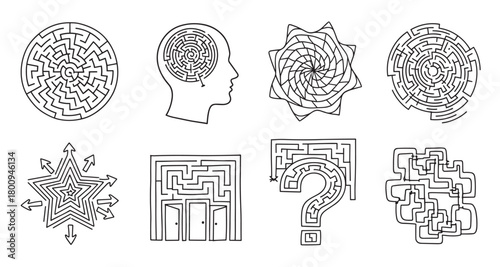A collection of hand-drawn maze and labyrinth icons representing concepts of problem-solving, complexity, psychology, and finding a path, isolated on a white background