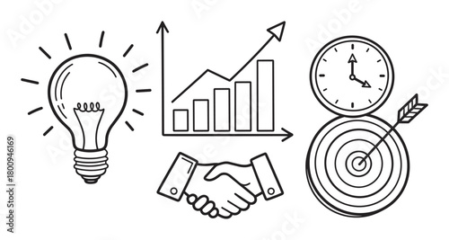 A collection of hand-drawn business icons representing key concepts like innovation, growth, partnership, time management, and achieving goals, presented in a simple line art style