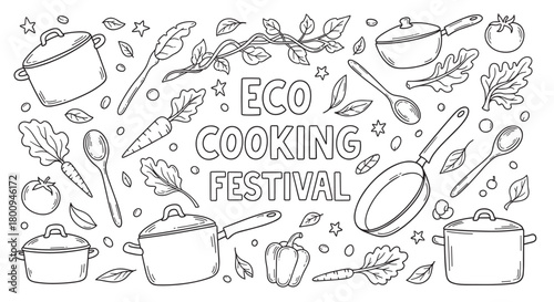 Hand-drawn doodle illustration with eco cooking text, surrounded by fresh vegetables, pots, pans, and kitchen utensils, creating a banner concept for a healthy food festival
