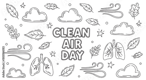 Clean Air Day concept with hand-drawn doodle icons of lungs, clouds, leaves, and wind on a white background, representing environmental awareness and healthy breathing