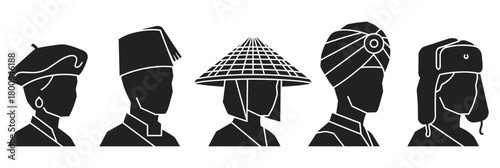 A diverse group of people from different cultures and nationalities shown as black silhouettes wearing traditional headwear, representing global unity, community, and multiculturalism