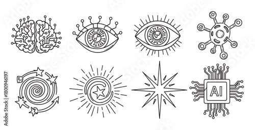 A diverse set of technology and science-themed icons in a clean line art style, featuring an AI processor, digital brain, tech-infused eye, and abstract celestial symbols