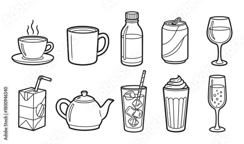 A collection of various drink and beverage icons, including coffee, tea, soda, and wine, illustrated in a simple black and white line art style on an isolated background